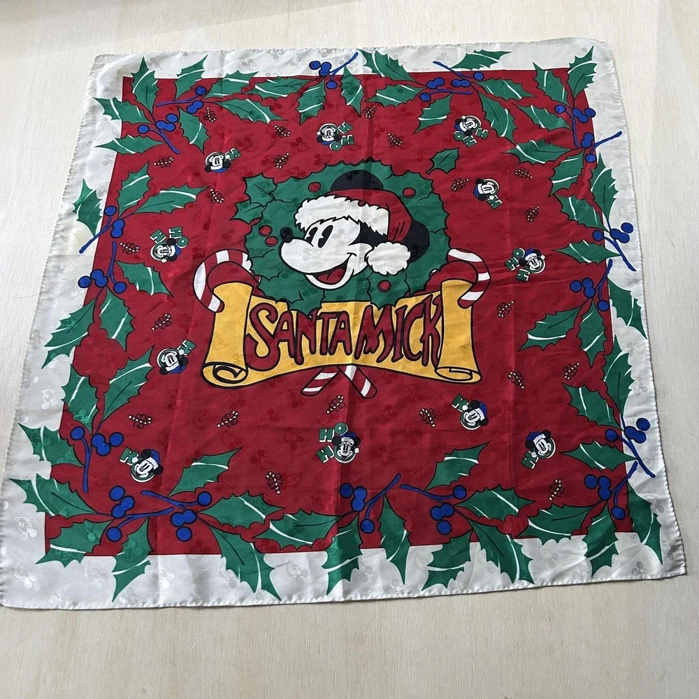 Vintage Disney Scarf Womens One Size Red Santa Mick Mickey Mouse Christmas Satin